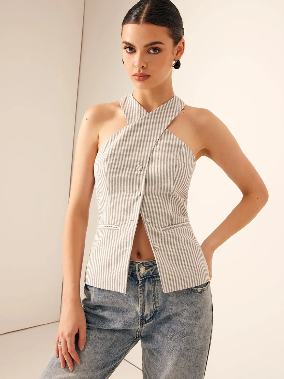 Cotton & Linen Pinstripe Slim Halter Top