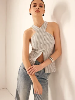 Cotton & Linen Pinstripe Slim Halter Top