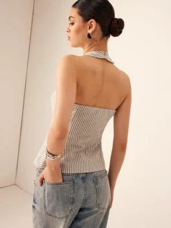 Cotton & Linen Pinstripe Slim Halter Top