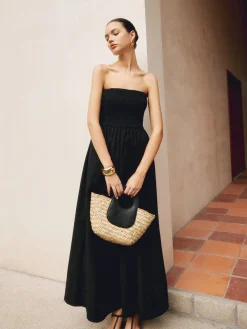 Cotton & Linen Pleat Strapless Long Dress