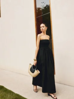 Cotton & Linen Pleat Strapless Long Dress