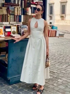 Cotton & Linen Pleated Cutout Long Dress