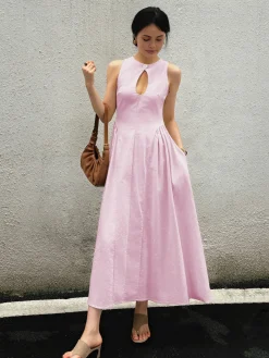 Cotton & Linen Pleated Cutout Long Dress