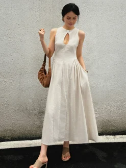 Cotton & Linen Pleated Cutout Long Dress