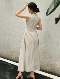 Cotton & Linen Pleated Cutout Long Dress