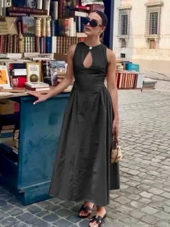 Cotton & Linen Pleated Cutout Long Dress