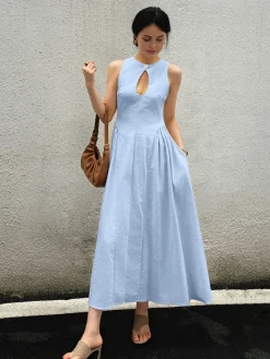 Cotton & Linen Pleated Cutout Long Dress