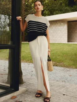 Cotton & Linen Pockets Split Maxi Skirt
