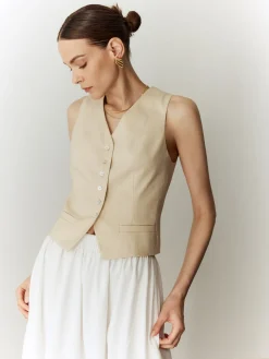 Cotton & Linen Solid V-Neck Vest