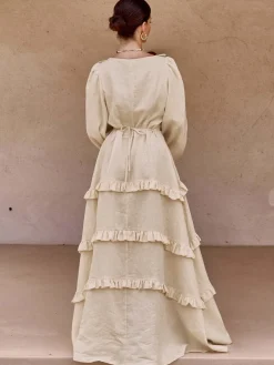 Cotton & Linen V-Neck Ruffle Trim Long Dress