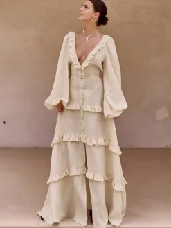 Cotton & Linen V-Neck Ruffle Trim Long Dress