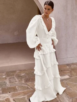 Cotton & Linen V-Neck Ruffle Trim Long Dress