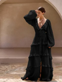 Cotton & Linen V-Neck Ruffle Trim Long Dress