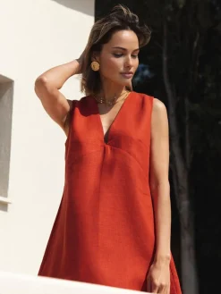 Cotton & Linen V-Neck Short Dress