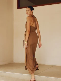 Cotton & Linen Wrap Halter Knotted Long Dress