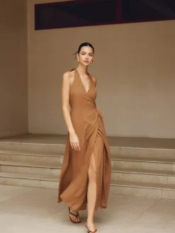 Cotton & Linen Wrap Halter Knotted Long Dress