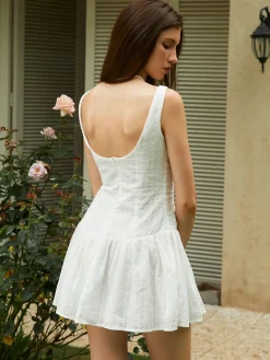 Cotton Backless Button-Front Short Dress