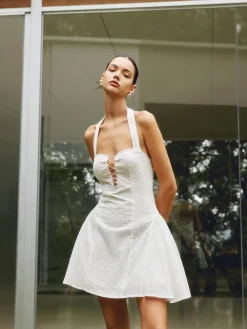 Cotton Backless Tie Up Halter Short Dress