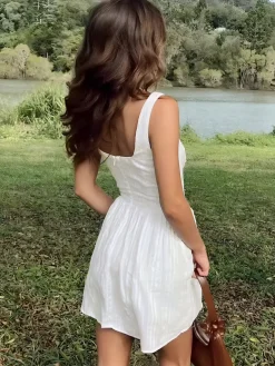 Cotton Blend Solid Square Neckline Short Dress