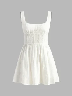 Cotton Blend Solid Square Neckline Short Dress