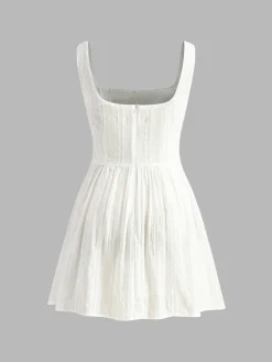 Cotton Blend Solid Square Neckline Short Dress