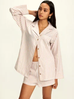 Cotton Blends Lapel Pinstripe Shorts Set