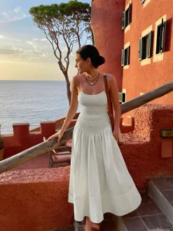 Cotton Blends Shirred Cami Midi Dress