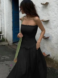 Cotton Blends Shirred Tube Long Dress