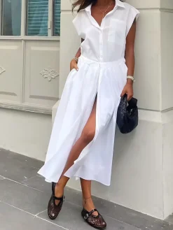 Cotton Blends Sleeveless Split Midi Dress