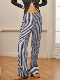 Cotton Contrast Binding Pinstripe Pants