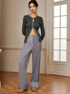 Cotton Contrast Binding Pinstripe Pants