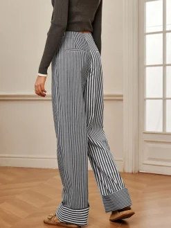 Cotton Contrast Binding Pinstripe Pants