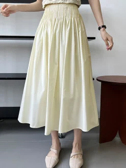 Cotton Creamy Pleated Maxi Skirt