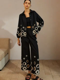 Cotton Hollow Embroidered Cropped Pants