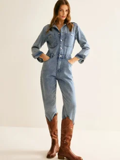 Cotton Long Sleeve Denim Jumpsuit Without Belt