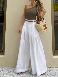 Cotton Pleated Wide Leg Pants