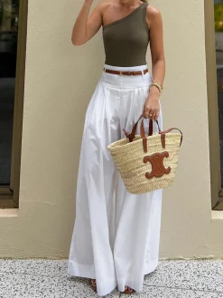 Cotton Pleated Wide Leg Pants