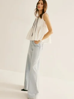 Cotton Ruffle Pleated Tie Front Blouse