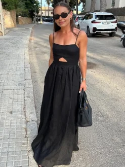 Cotton Sleeveless Pockets Cutout Long Dress