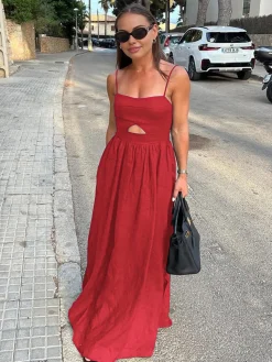 Cotton Sleeveless Pockets Cutout Long Dress