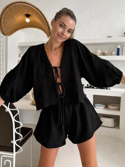 Cotton Tie-Front Long Sleeve Shorts Set