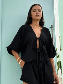 Cotton Tie-Front Long Sleeve Shorts Set