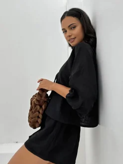 Cotton Tie-Front Long Sleeve Shorts Set