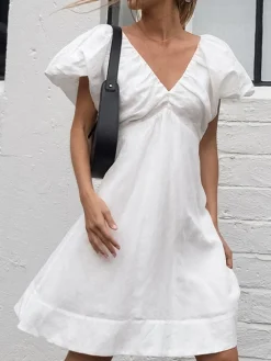 Cotton V-Neck Puff Sleeves Backless Dress