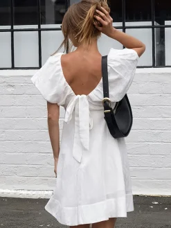 Cotton V-Neck Puff Sleeves Backless Dress