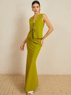 Cotton V-Neck Tie Front Skirt Set
