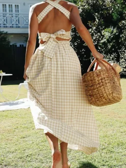 Countryside Plaid Print Halter Criss Cross Long Dress
