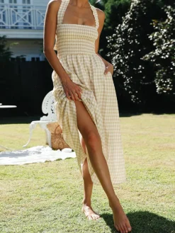 Countryside Plaid Print Halter Criss Cross Long Dress