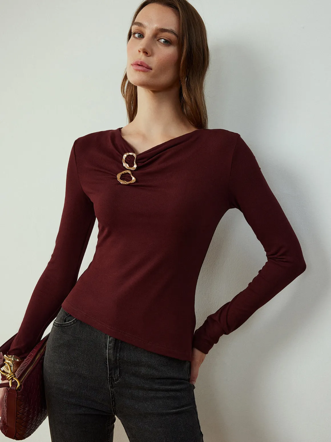 Cowl Neck Metal Decor Slim Blouse