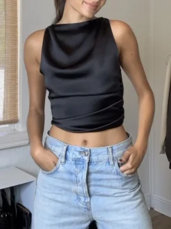 Cowl Neck Ruched Open Back Crop Top